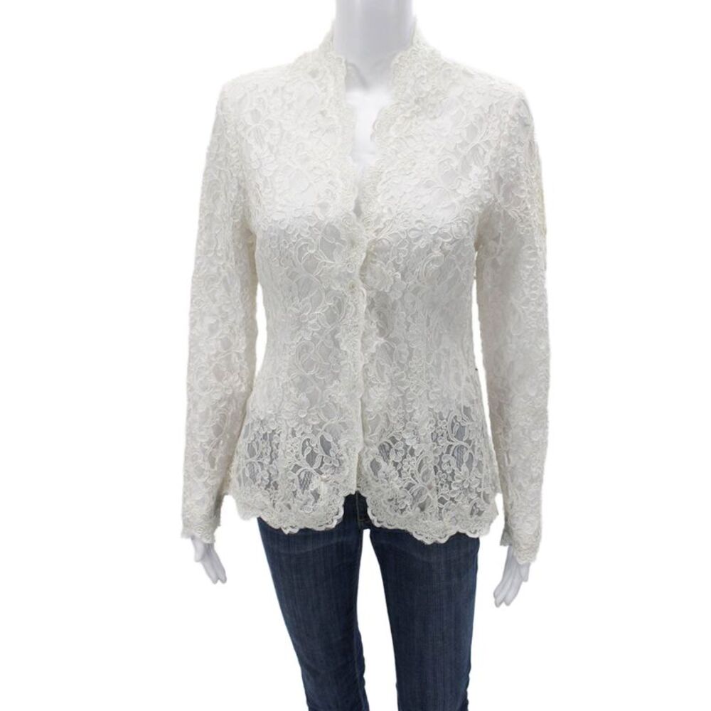 Victor Costa Womens White Floral Mock Neck Long Sleeve Button Up Blouse Size 8